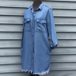 Forever 21 Long Sleeve Frayed Hem Chambray Dress